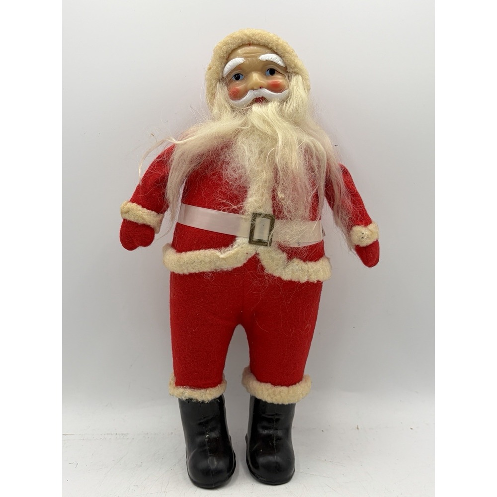Vintage 11" Santa Claus Figure Plastic Face Flocked Suit Christmas Decoration